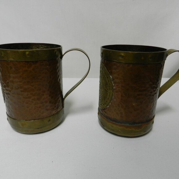 Aztec Mayan Calendar Vintage Brass Copper Mug Mexican Cup with Emblem Set 2 Pair - Picture 3 of 10